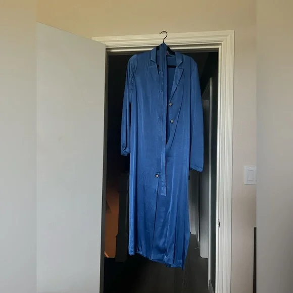 STAUD Royal Blue Satin Dress with Long-Sleeves Bell Sleeves Size M Modest Dress - Picture 10 of 10